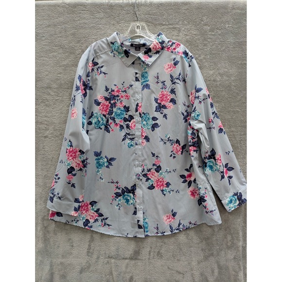 Roaman's Tops - Cottagecore Floral Button Down Shirt Womens 26W Roaman's Blue Pink Long Sleeve